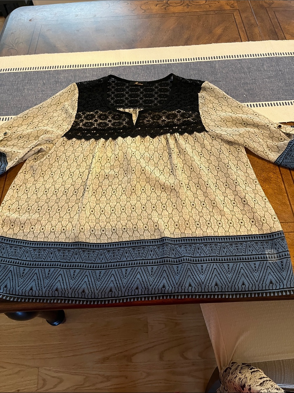 Boho Lace-Yoke Peasant Top in Cream and Blue
